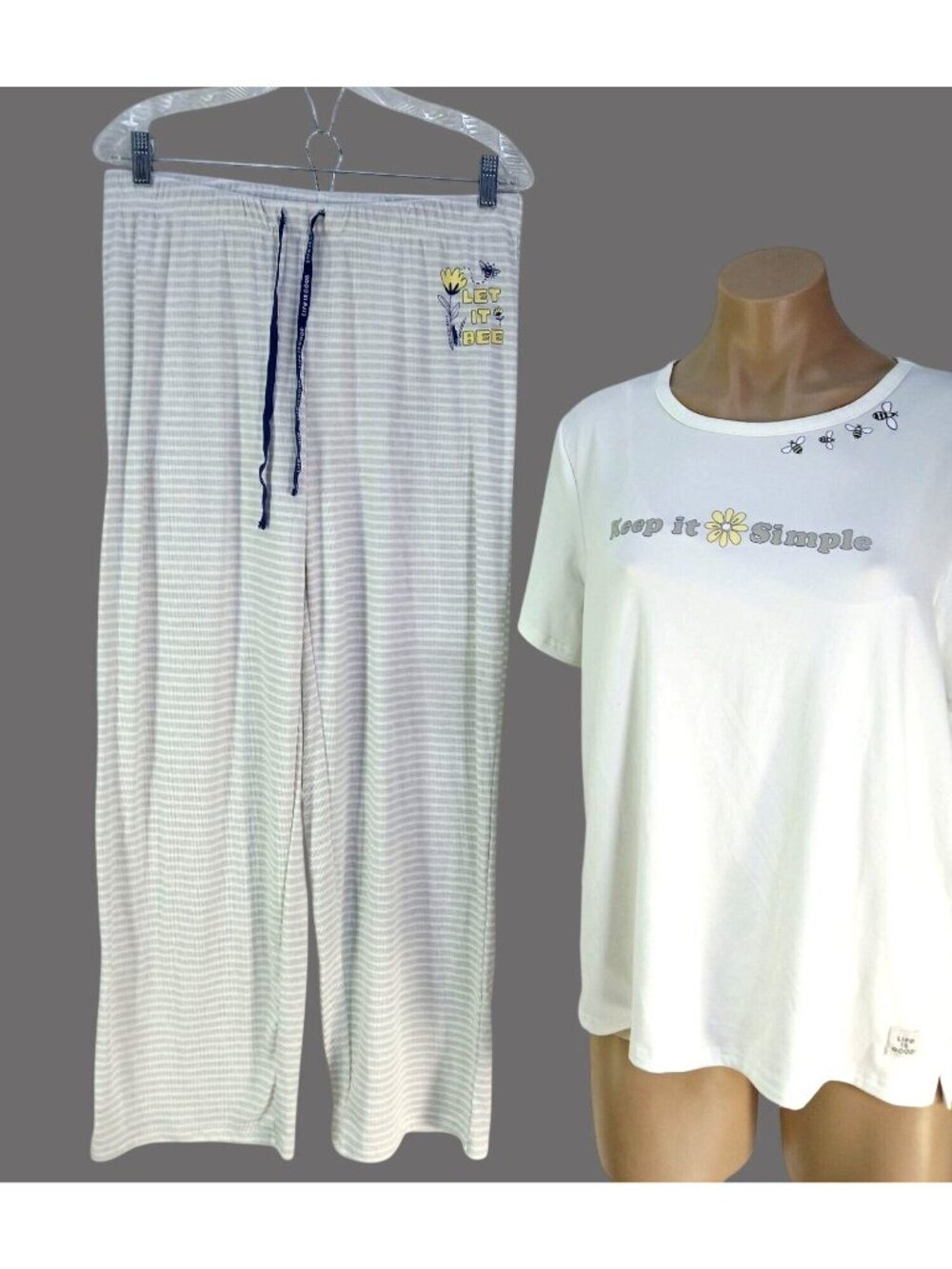 Life Is Good Womens Pajamas Simple T Shirt Pants Size L Graphic Striped Comfy